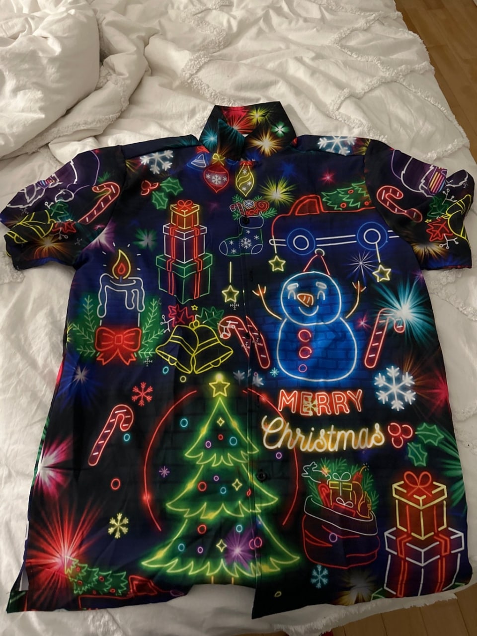 Neon Christmas Bright Lighting Hawaiian Shirt Pattern View For Relaxed Warm Weather Outfits