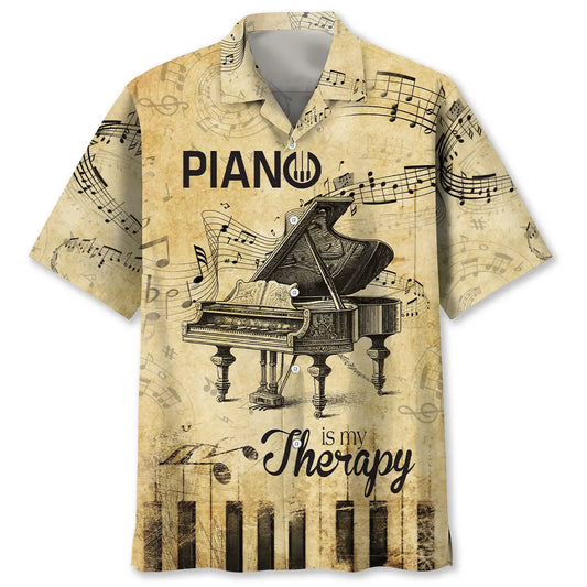 Piano Therapy Pocket Hawaiian Shirt For Summer Vacation, Beach Travel, And Casual Wear
