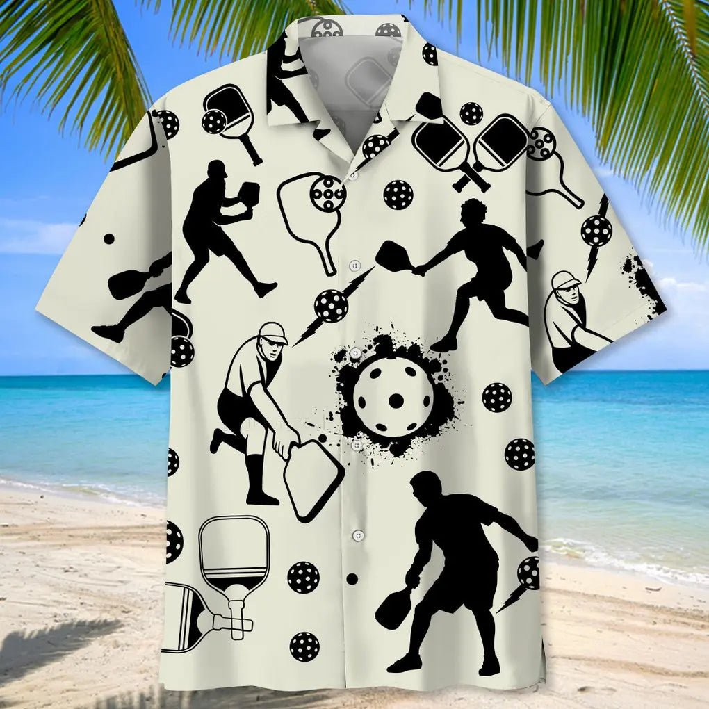 Pickleball Icon Black White Hawaiian Shirt For Island Vacations, Resort Wear, And Relaxed Seasonal Style