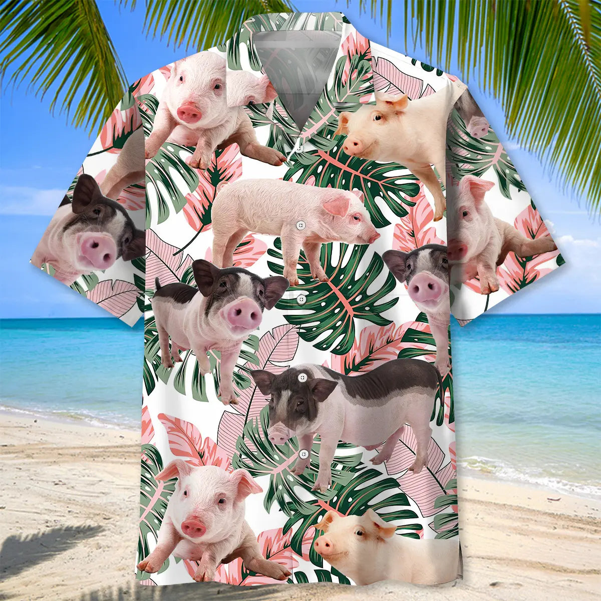 Tropical Cute Pink Pig Hawaiian Shirt For Island Vacations, Resort Wear, And Relaxed Seasonal Style