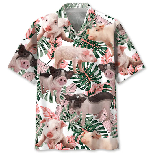 Tropical Cute Pink Pig Hawaiian Shirt For Island Vacations, Resort Wear, And Relaxed Seasonal Style