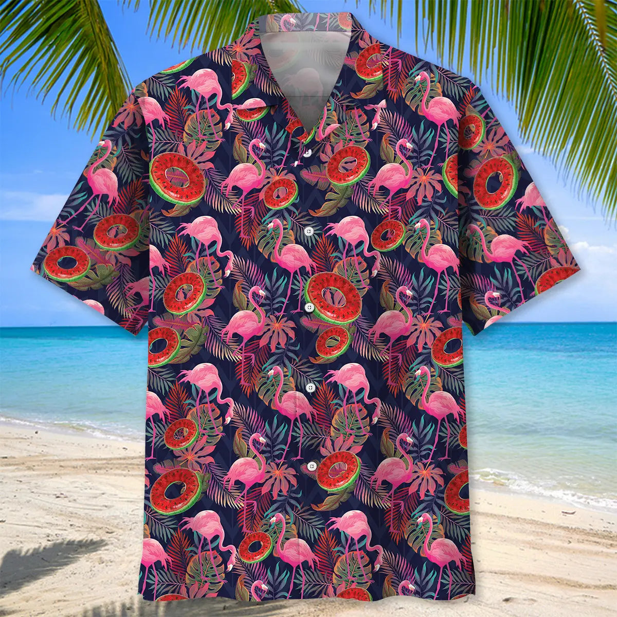 Pink Flamingo Watermelon Hawaiian Shirt For Resort Trips, Coastal Parties, And Warm Weather Style