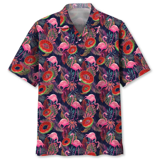 Pink Flamingo Watermelon Hawaiian Shirt For Resort Trips, Coastal Parties, And Warm Weather Style