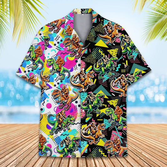 Retro Island Bigfoot Riding Dinosaur Aloha Hawaiian Shirt For Island Vacations, Resort Wear, And Relaxed Seasonal Style