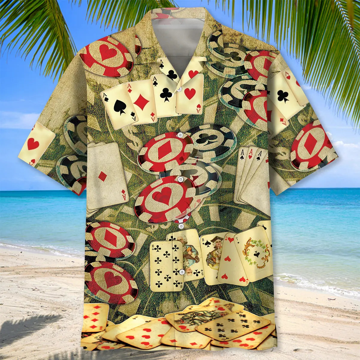 Vintage Poker Hawaiian Shirt For Summer Vacation, Beach Travel, And Casual Wear