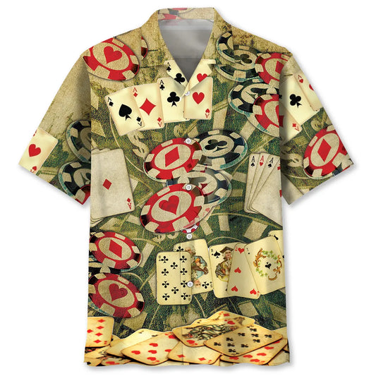 Vintage Poker Hawaiian Shirt For Summer Vacation, Beach Travel, And Casual Wear