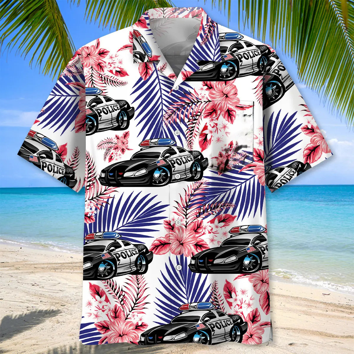 Funny Police Car Hawaiian Shirt For Motorsport Events, Beach Travel, And Thoughtful Gift Giving