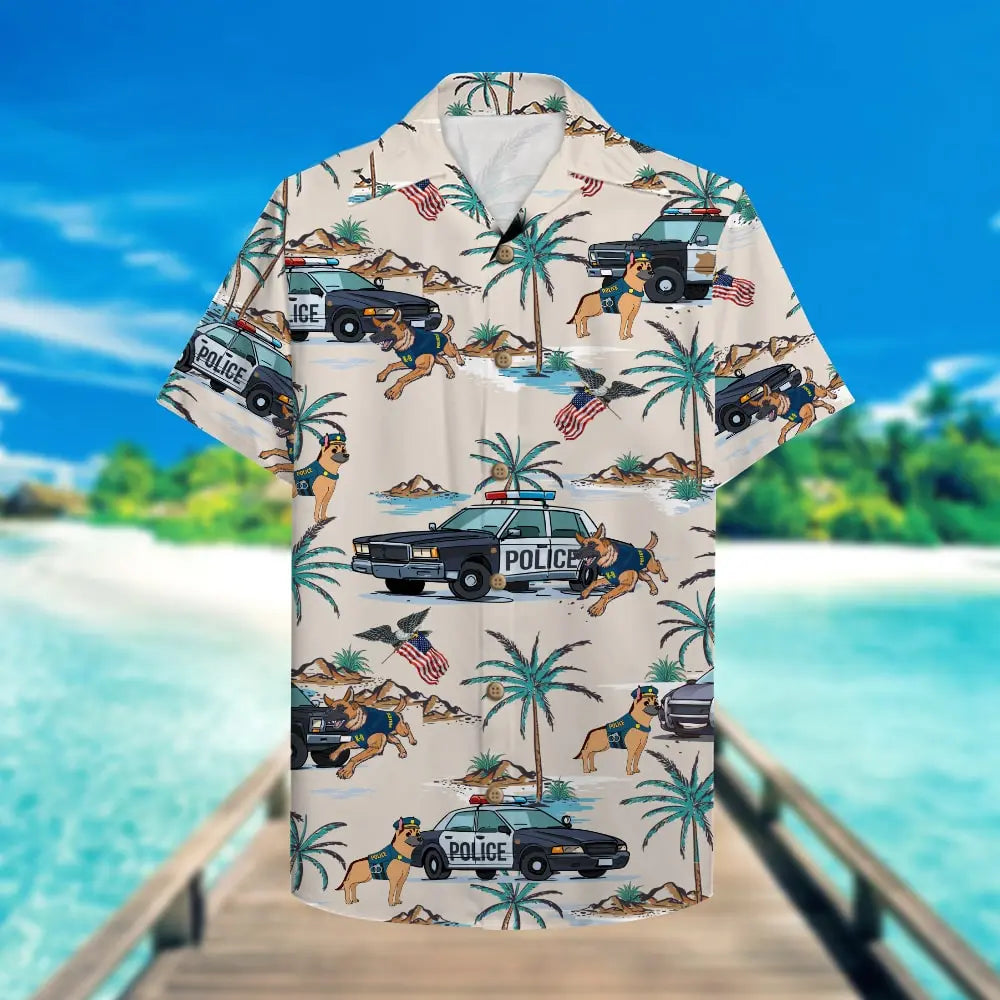 Island Police Car Dog Aloha Hawaiian Shirt For Resort Trips, Coastal Parties, And Warm Weather Style