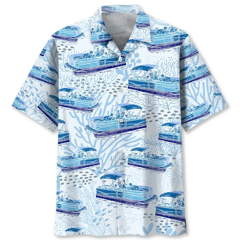 Pontoon Boat Blue Hawaiian Shirt For Island Adventure And Weekend Wear