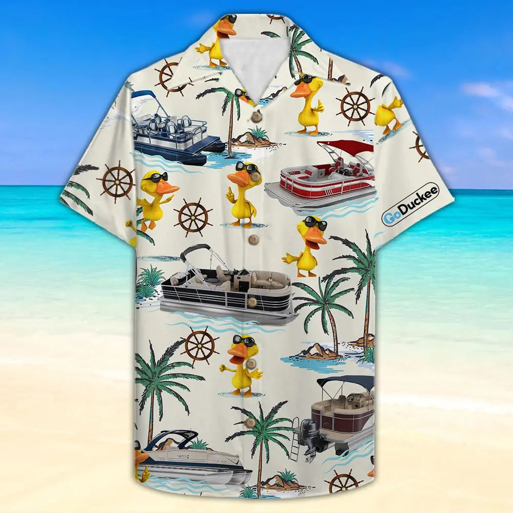 Island Summer Pontoon Duck Aloha Boat Pattern Hawaiian Shirt For Summer Vacation, Beach Travel, And Casual Wear