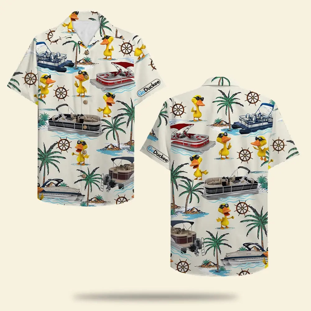 Island Summer Pontoon Duck Aloha Boat Pattern Hawaiian Shirt For Summer Vacation, Beach Travel, And Casual Wear