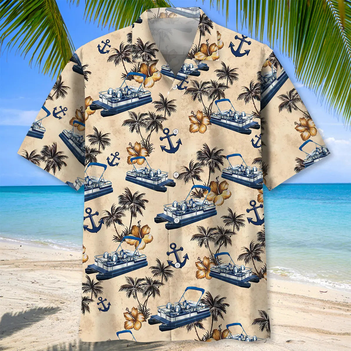 Pontoon Palm Tree Hawaiian Shirt For Tropical Holidays, Resort Trips, And Relaxed Coastal Style