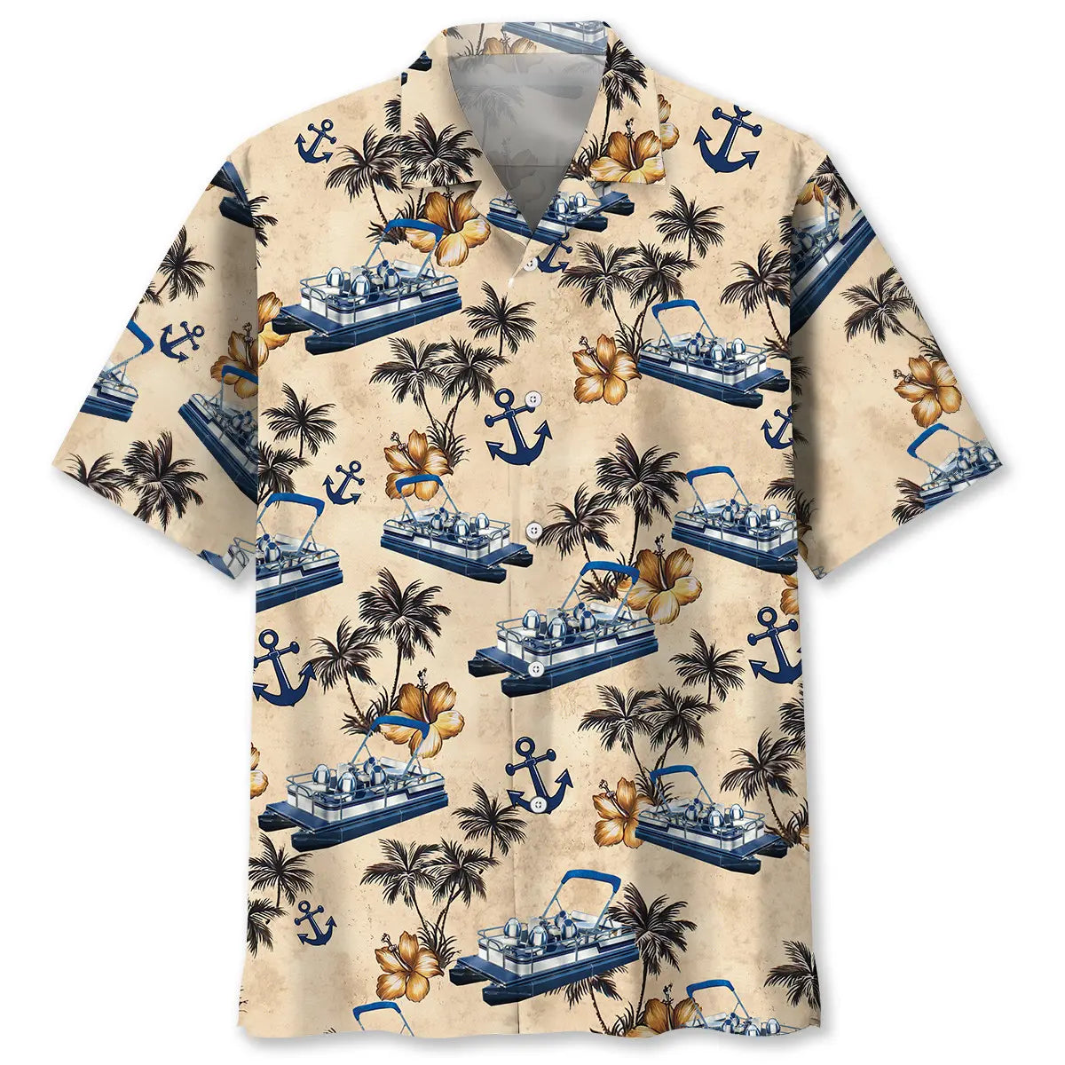 Pontoon Palm Tree Hawaiian Shirt For Tropical Holidays, Resort Trips, And Relaxed Coastal Style