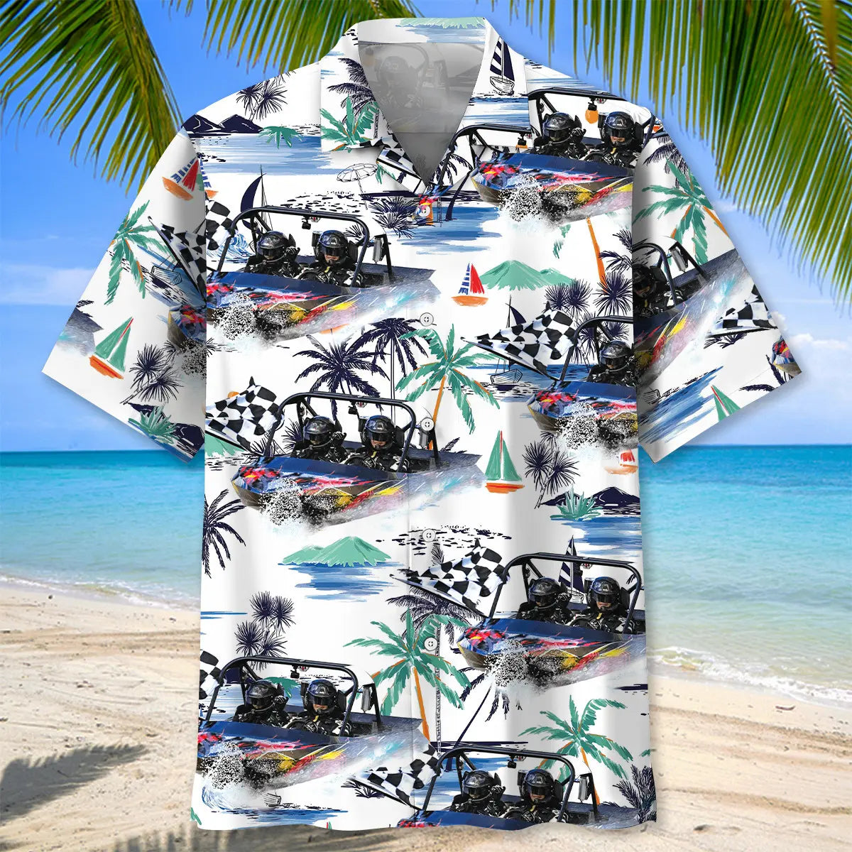 Power Boat Racing Hawaiian Shirt For Tropical Retreat, Poolside Gathering, And Coastal Casual Wear