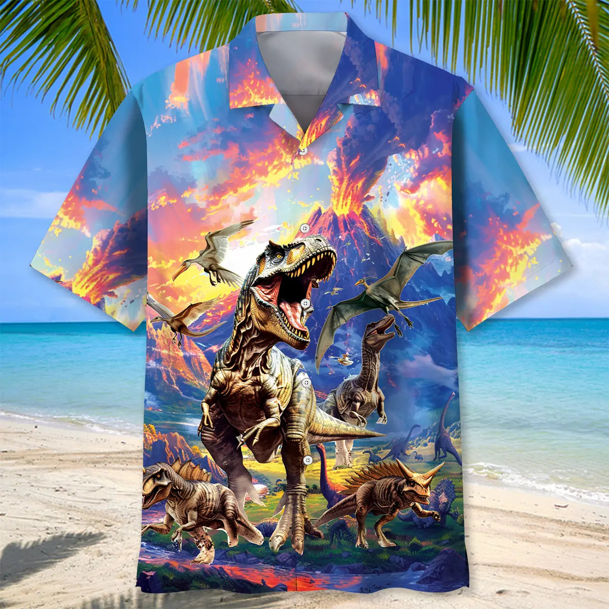 Prehistoric Dinosaur Volcano Hawaiian Shirt For Family Vacation And Warm Weather Fashion