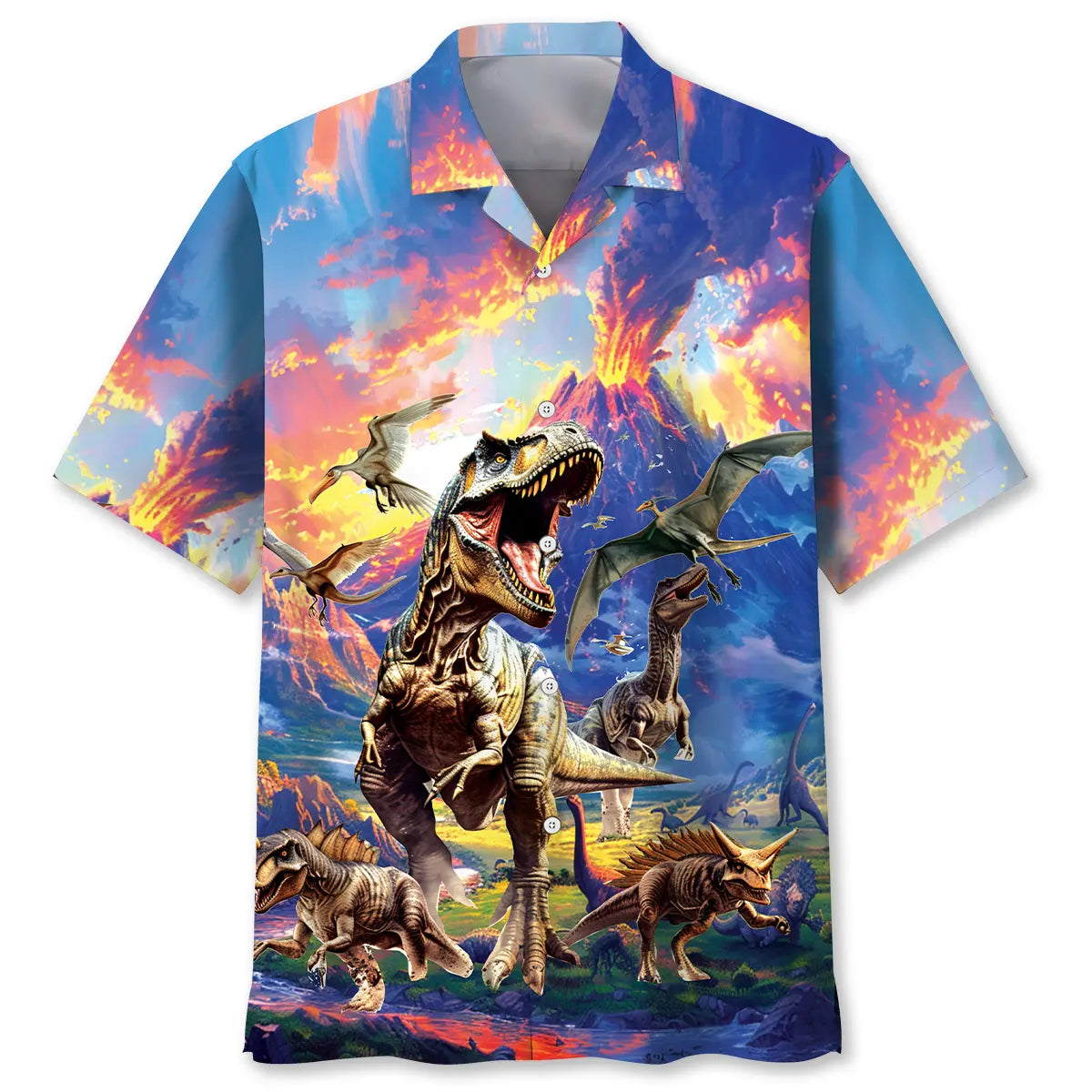 Prehistoric Dinosaur Volcano Hawaiian Shirt For Resort Holiday And Seasonal Wardrobe
