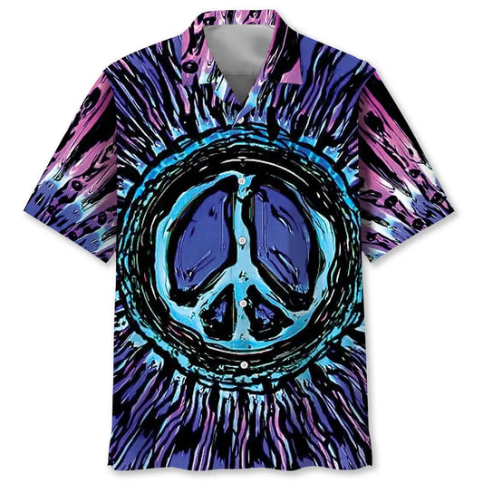 Psychedelic Hippie Peace Symbol Hawaiian Shirt For Island Vacations, Resort Wear, And Relaxed Seasonal Style