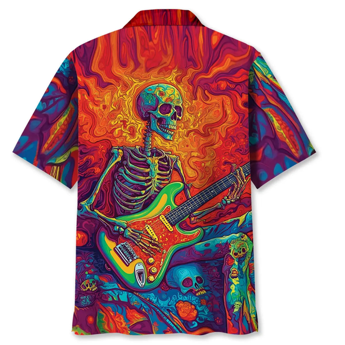 Psychedelic Skull Guitar Hawaiian Shirt For Resort Trips, Coastal Parties, And Warm Weather Style