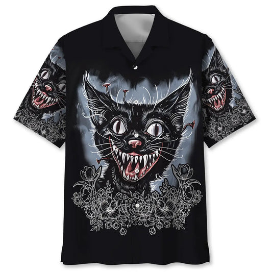 Mischievous Black Cat Hawaiian Shirt For Summer Vacation, Beach Travel, And Casual Wear