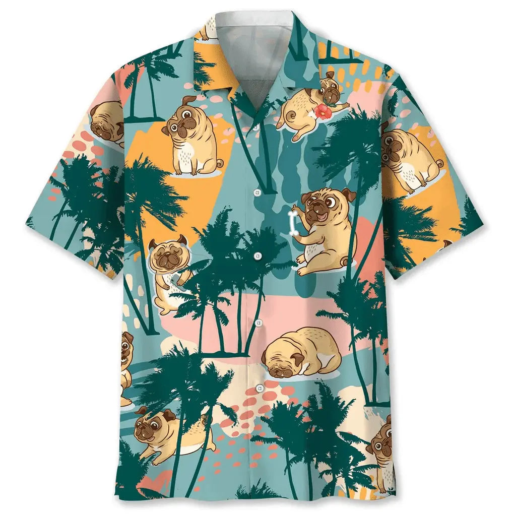 Colorful Pug Palm Tree Hawaiian Shirt For Coastal Travel, Casual Events, And Comfortable Summer Wear