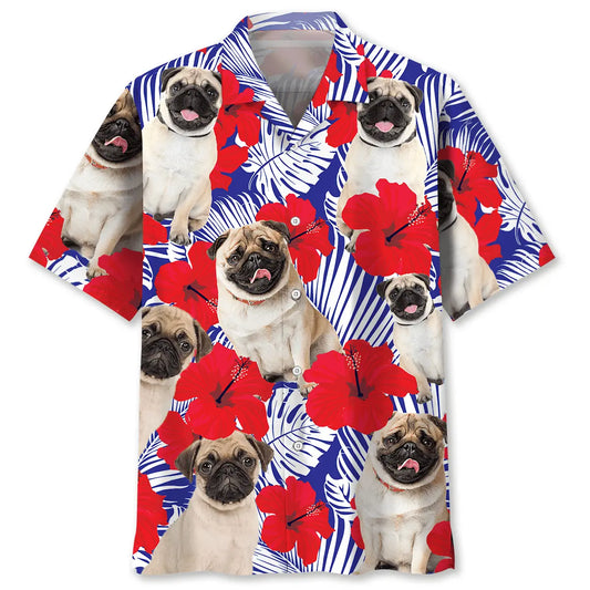 Tropical Pug Hawaiian Shirt For Island Vacations, Resort Wear, And Relaxed Seasonal Style
