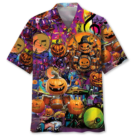Halloween Pumpkin Drummer Hawaiian Shirt For Resort Trips, Coastal Parties, And Warm Weather Style