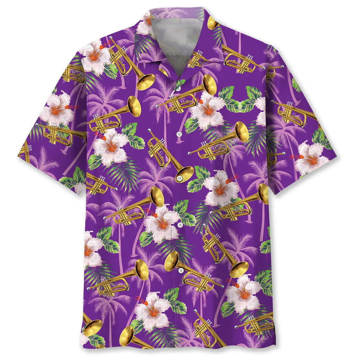Purple Palm Tree Trumpet Hawaiian Shirt For Coastal Travel, Casual Events, And Comfortable Summer Wear