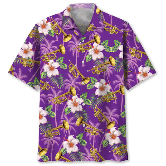 Purple Palm Tree Trumpet Hawaiian Shirt For Coastal Travel, Casual Events, And Comfortable Summer Wear