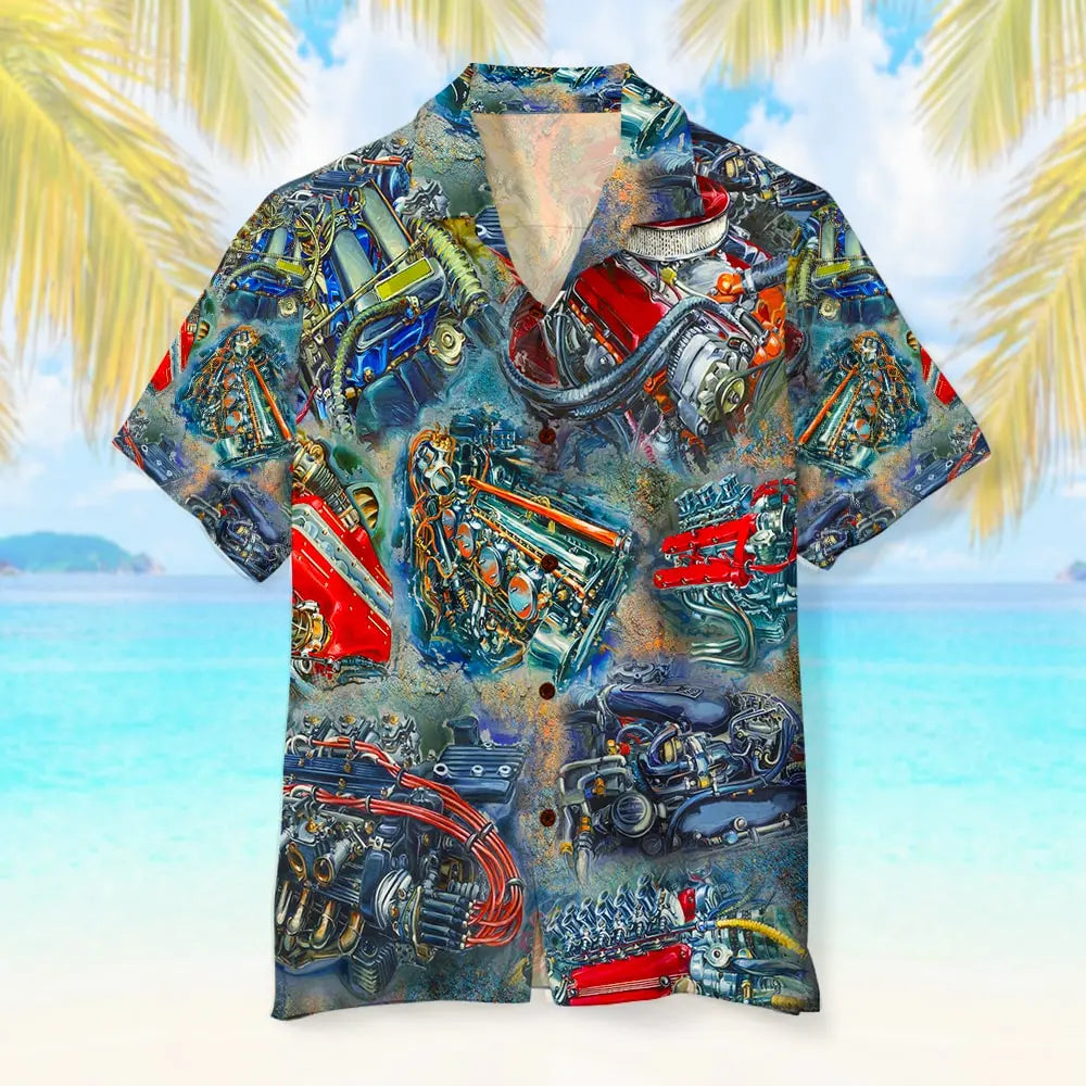 Island Summer Racing Car Aloha Engine Theme Hawaiian Shirt For Beach Days, Summer Outings, And Thoughtful Gift Giving