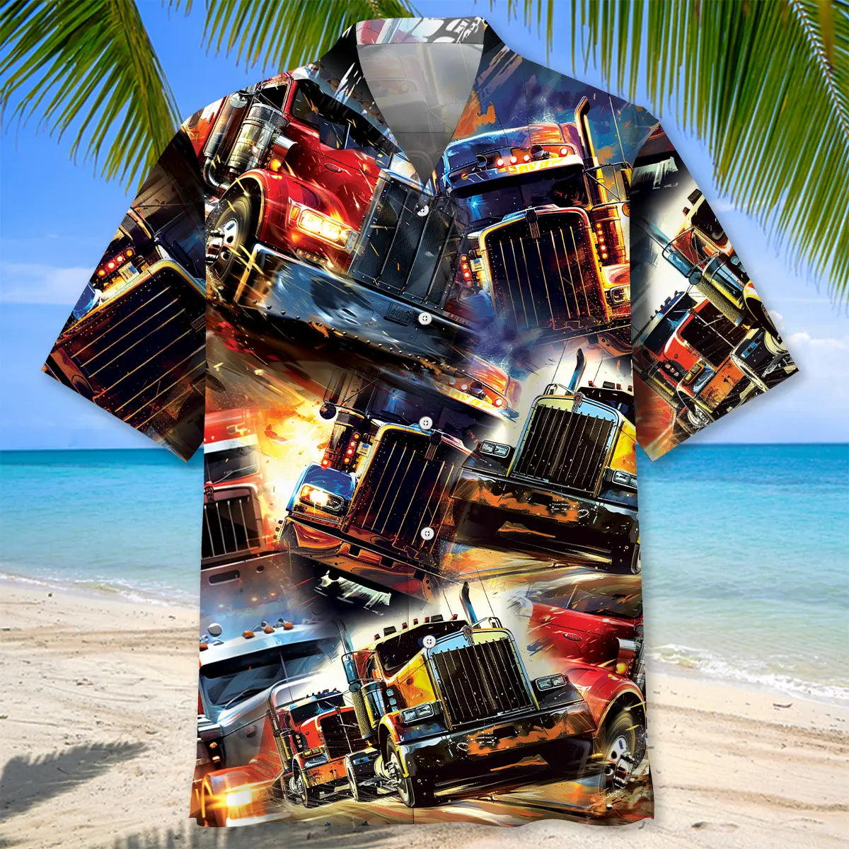 Racing Trucker Art Hawaiian Shirt For Tropical Holiday, Family Vacation, And Relaxed Summer Style