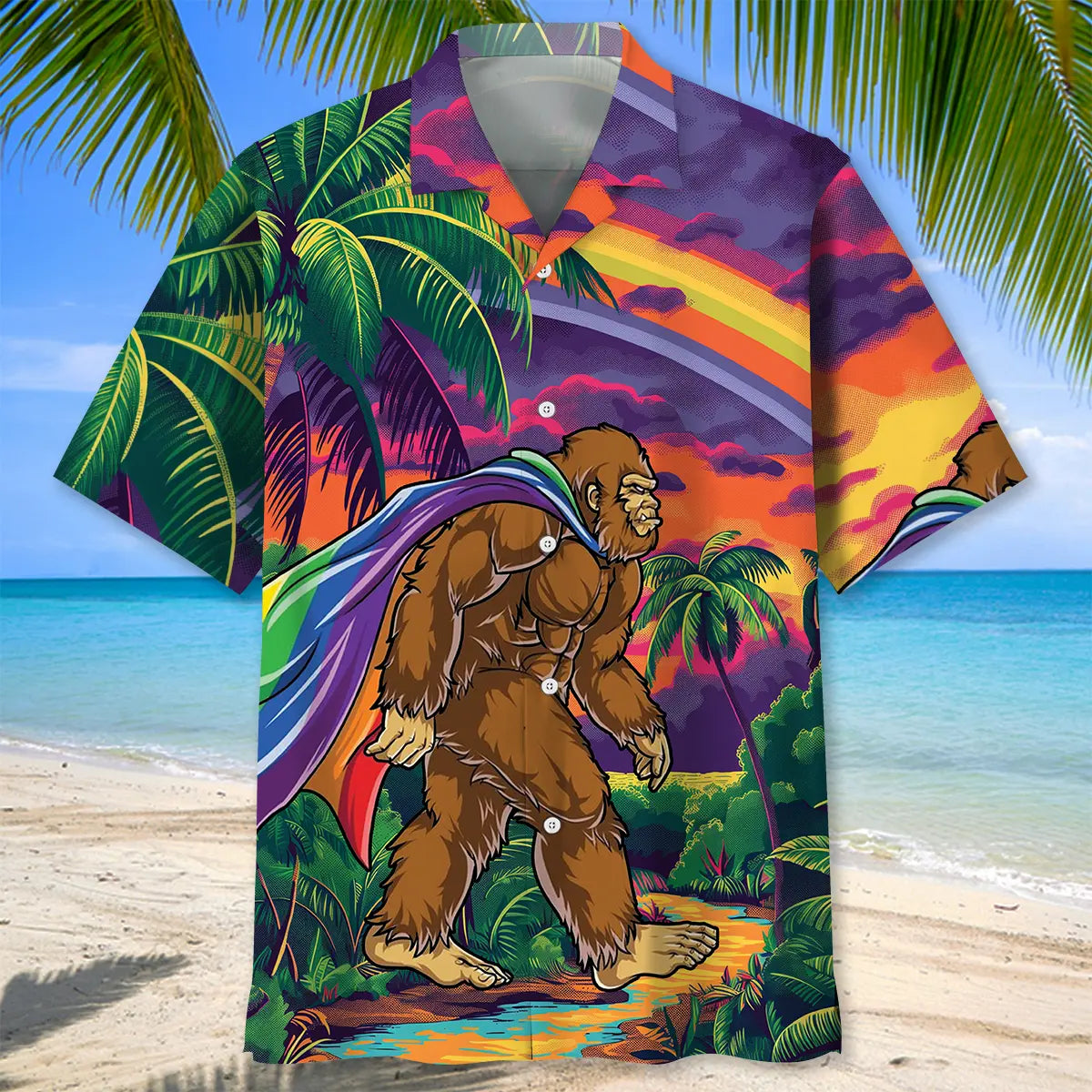 Rainbow Bigfoot Hawaiian Shirt For Resort Escape, Seasonal Celebration, And Vacation Style
