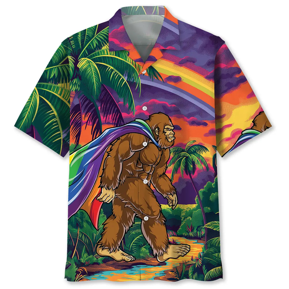 Rainbow Bigfoot Hawaiian Shirt For Tropical Holiday, Island Getaway, And Thoughtful Gifting
