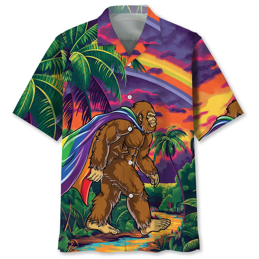 Rainbow Bigfoot Hawaiian Shirt For Tropical Holiday, Island Getaway, And Thoughtful Gifting