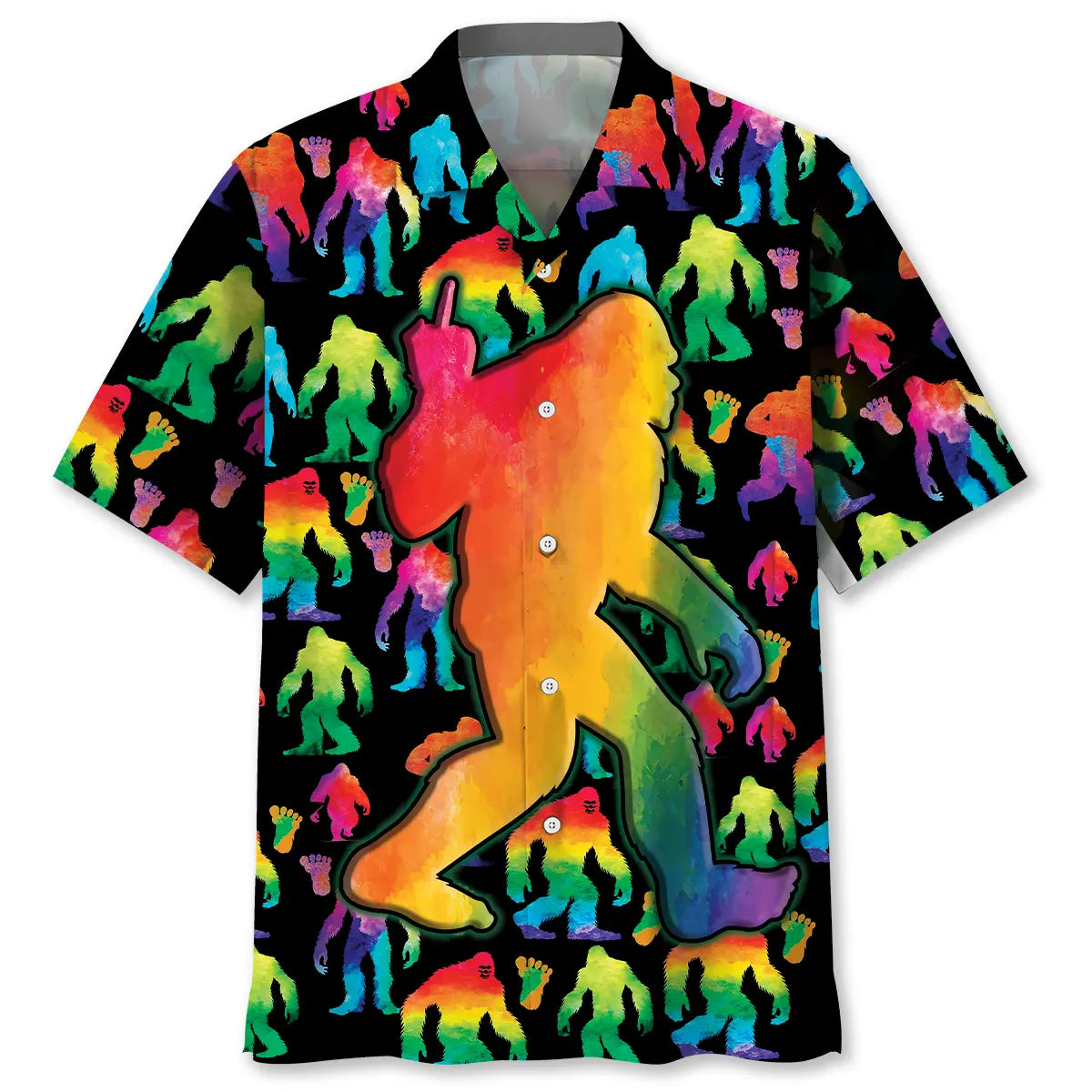 Rainbow Bigfoot Party Hawaiian Shirt For Warm Weather Outing, Summer Road Trip, And Relaxed Resort Style