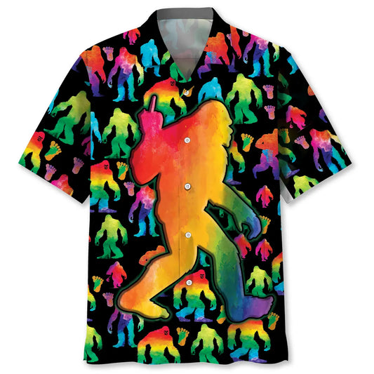 Rainbow Bigfoot Party Hawaiian Shirt For Warm Weather Outing, Summer Road Trip, And Relaxed Resort Style
