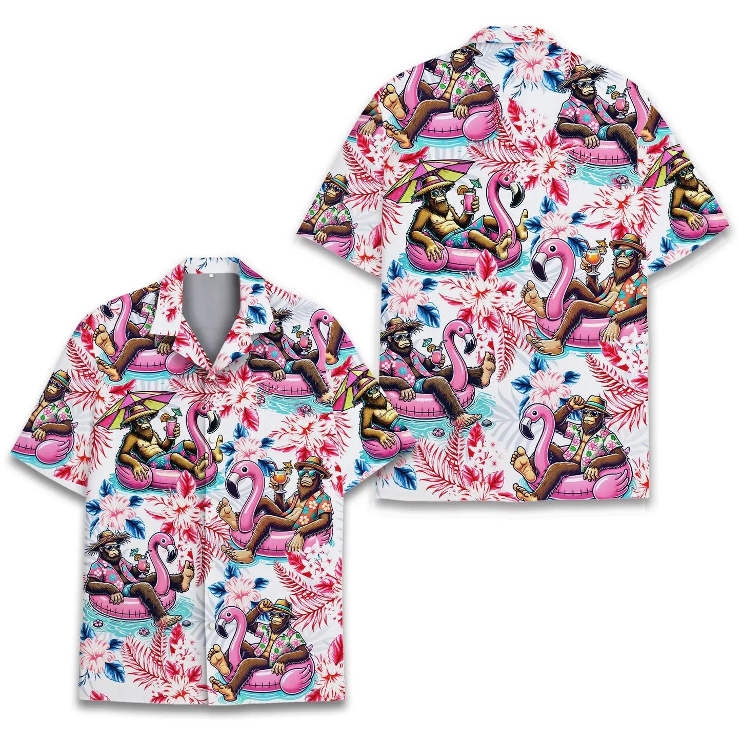 Tropical Island Bigfoot Flamingo Aloha Hawaiian Shirt For Island Vacations, Resort Wear, And Relaxed Seasonal Style