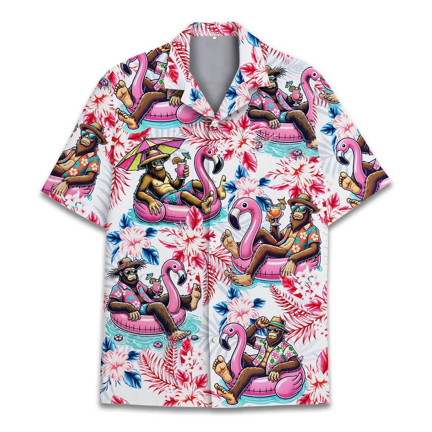 Tropical Island Bigfoot Flamingo Aloha Hawaiian Shirt For Island Vacations, Resort Wear, And Relaxed Seasonal Style