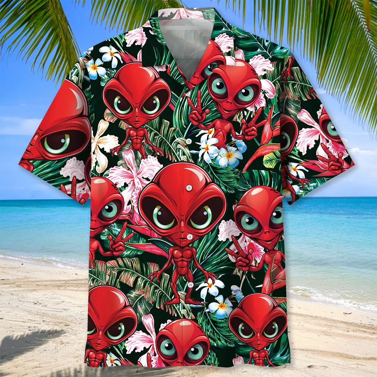 Red Alien Hawaiian Shirt For Resort Trips, Coastal Parties, And Warm Weather Style