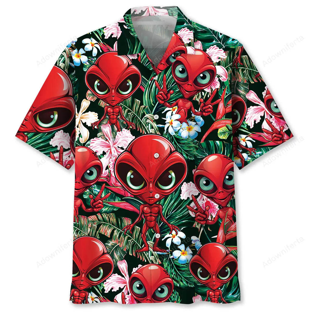 Red Alien Hawaiian Shirt For Resort Trips, Coastal Parties, And Warm Weather Style