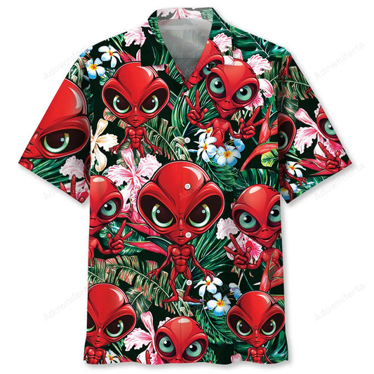 Red Alien Hawaiian Shirt For Resort Trips, Coastal Parties, And Warm Weather Style
