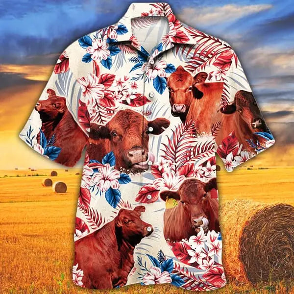 American Summer Red Angus Cattle Flag Cow Hawaiian Shirt For Coastal Travel, Casual Events, And Comfortable Summer Wear