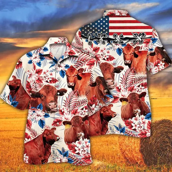 American Summer Red Angus Cattle Flag Cow Hawaiian Shirt For Coastal Travel, Casual Events, And Comfortable Summer Wear