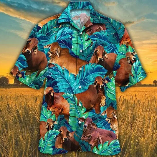 Summer Red Brahman Cattle Cow Hawaiian Shirt For Island Vacations, Resort Wear, And Relaxed Seasonal Style