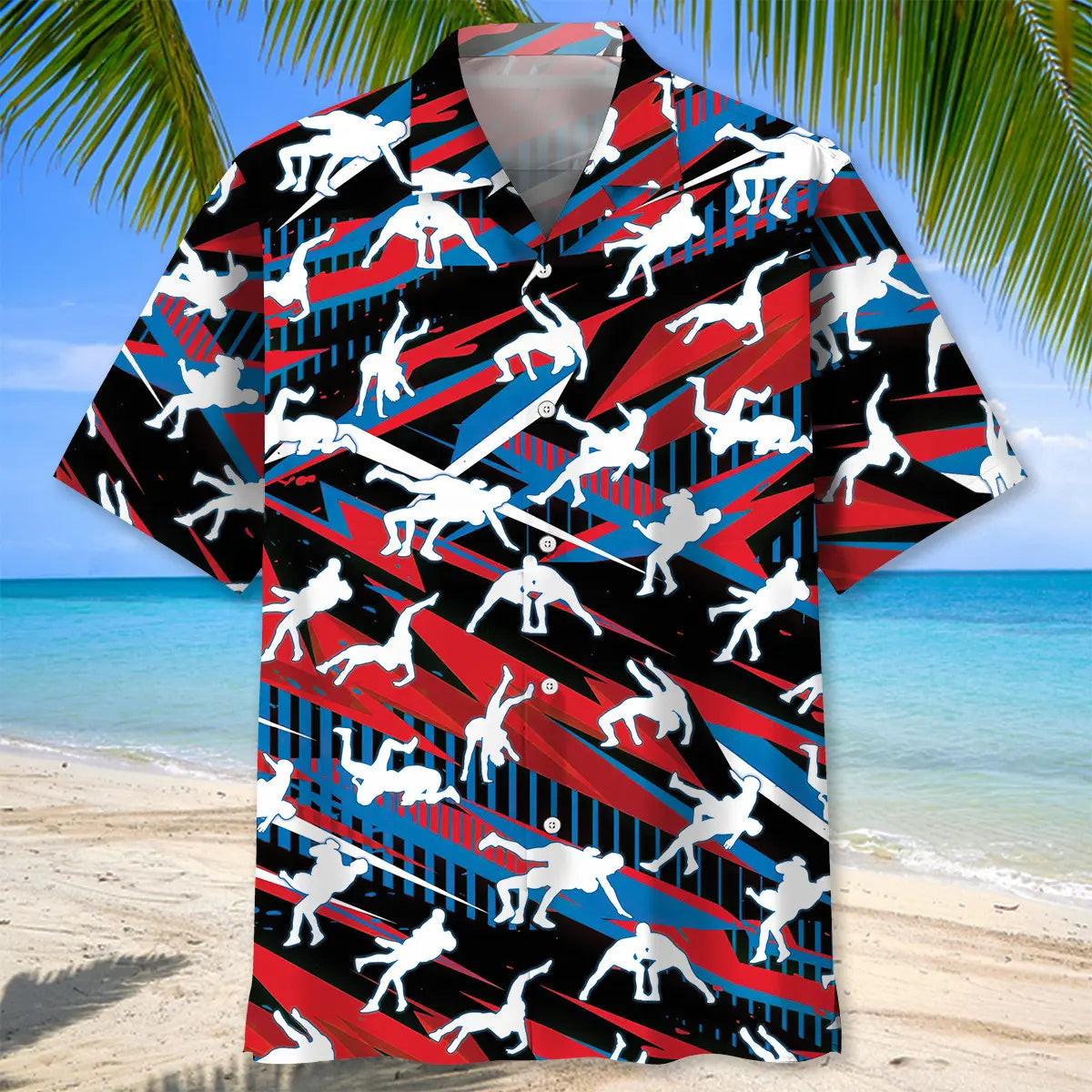 Red Wrestling Hawaiian Shirt For Summer Vacation, Beach Travel, And Casual Wear