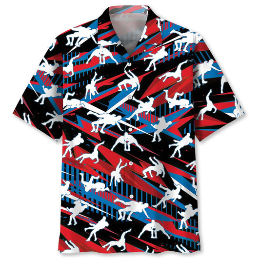 Red Wrestling Hawaiian Shirt For Summer Vacation, Beach Travel, And Casual Wear