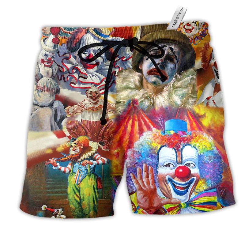 Clown Funny Happy With Various Face Hawaiian Beach Shorts For Outdoor Activities And Vacation Styling