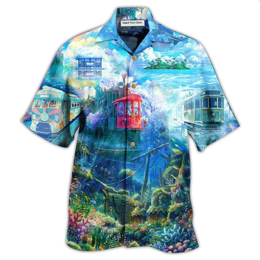 Tram Fantasy Ocean Hawaiian Shirt Artwork Detail For Resort Trips And Outdoor Activities
