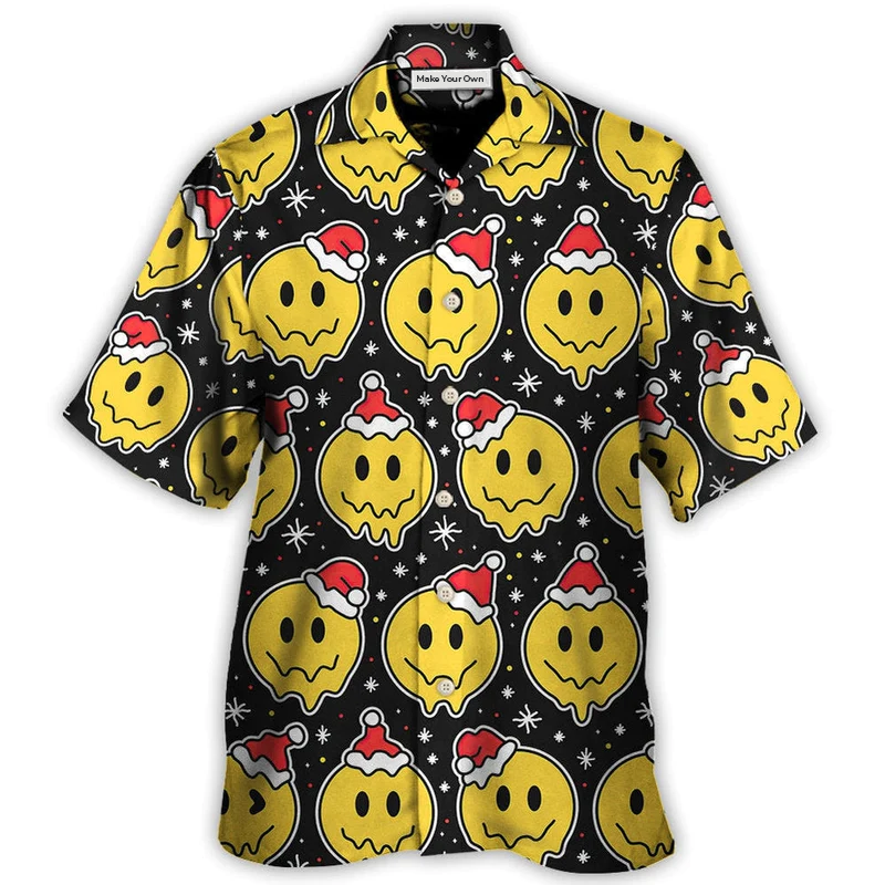 Happy Christmas Smiling Face Santa Hat Hawaiian Shirt Design View For Casual Summer Styling