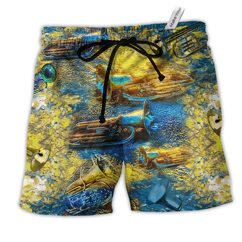 Music Love Peace Life With Gold Hawaiian Print Beach Shorts For Beach Days And Casual Style