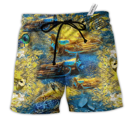 Music Love Peace Life With Gold Hawaiian Print Beach Shorts For Beach Days And Casual Style